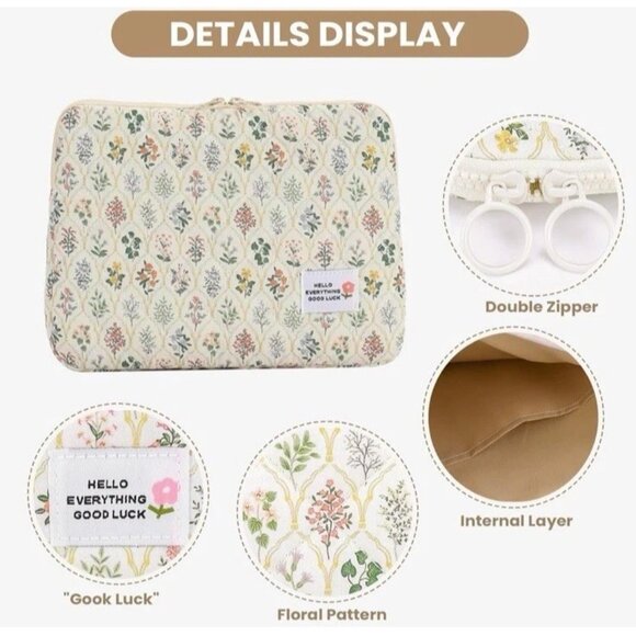 Floral Quilted iPad Case 11" Soft Zipper Tablet Sleeve Cosmetic Bag Multipurpose - Picture 6 of 10
